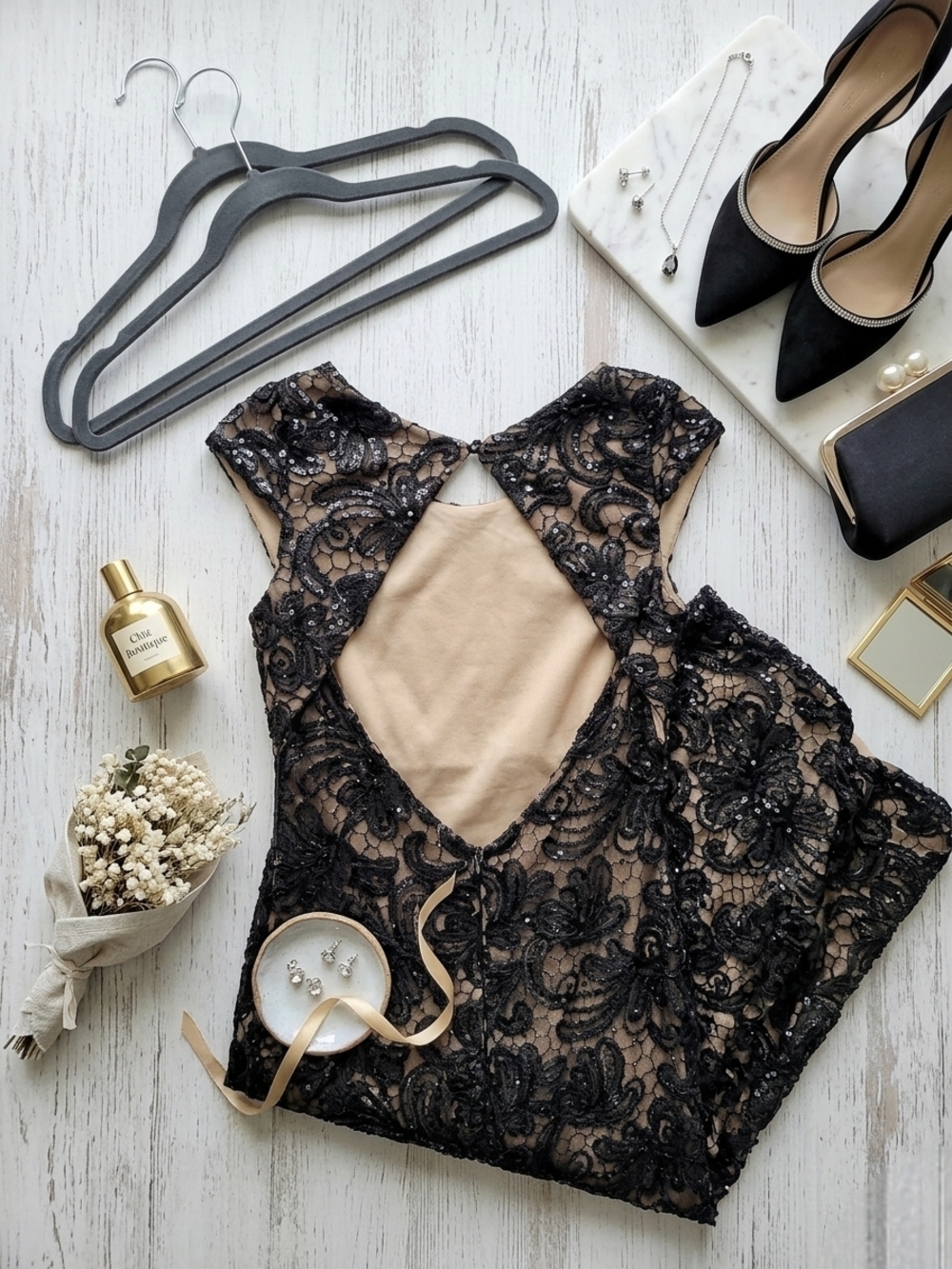 Black Lace Dress with Nude Lining